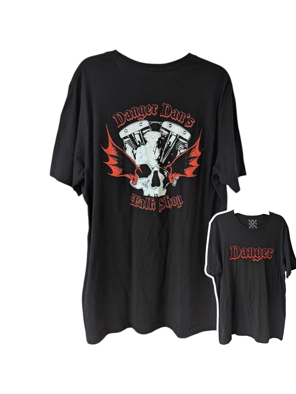MC Shop Tee XL Danger Dans Talk Shop Biker Chopper Motorcycle Black 22.5x30.5